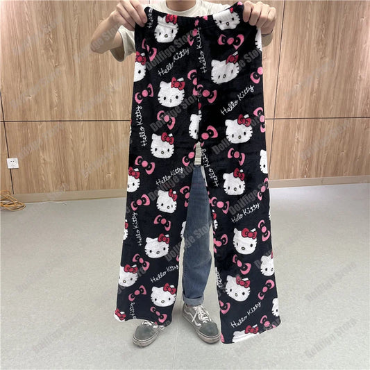 2023  Hello Kitty Pajamas Halloween Flannel Fashion Trouserswomen Kawaii Woolen Anime Cartoon Casual Home Pants Autumn